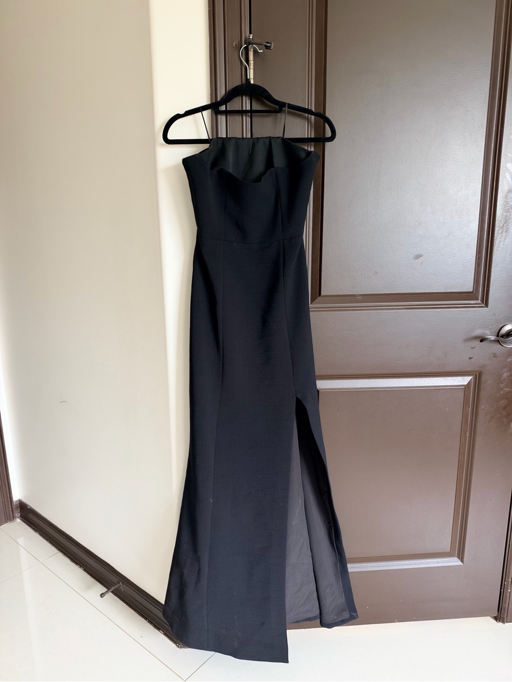 C/MEO Collective Strapless Black Column Gown with Front Slit